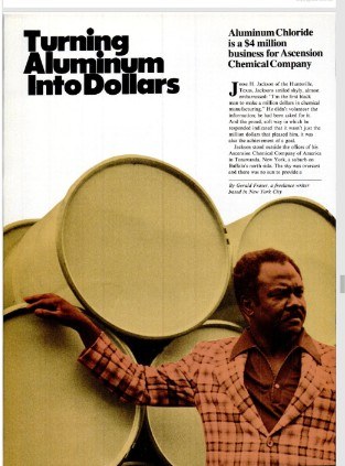 Magazine article titled Turning Aluminum Into Dollars, showing Jesse Hawthorne Jackson Sr. standing beside large drums at Ascension Chemical Company