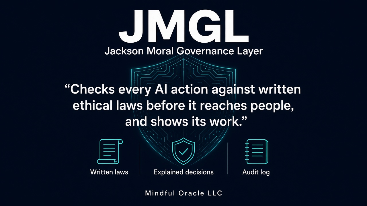 JMGL, Jackson Moral Governance Layer: checks every AI action against written ethical laws before it reaches people, and shows its work. Written laws, explained decisions, audit log.